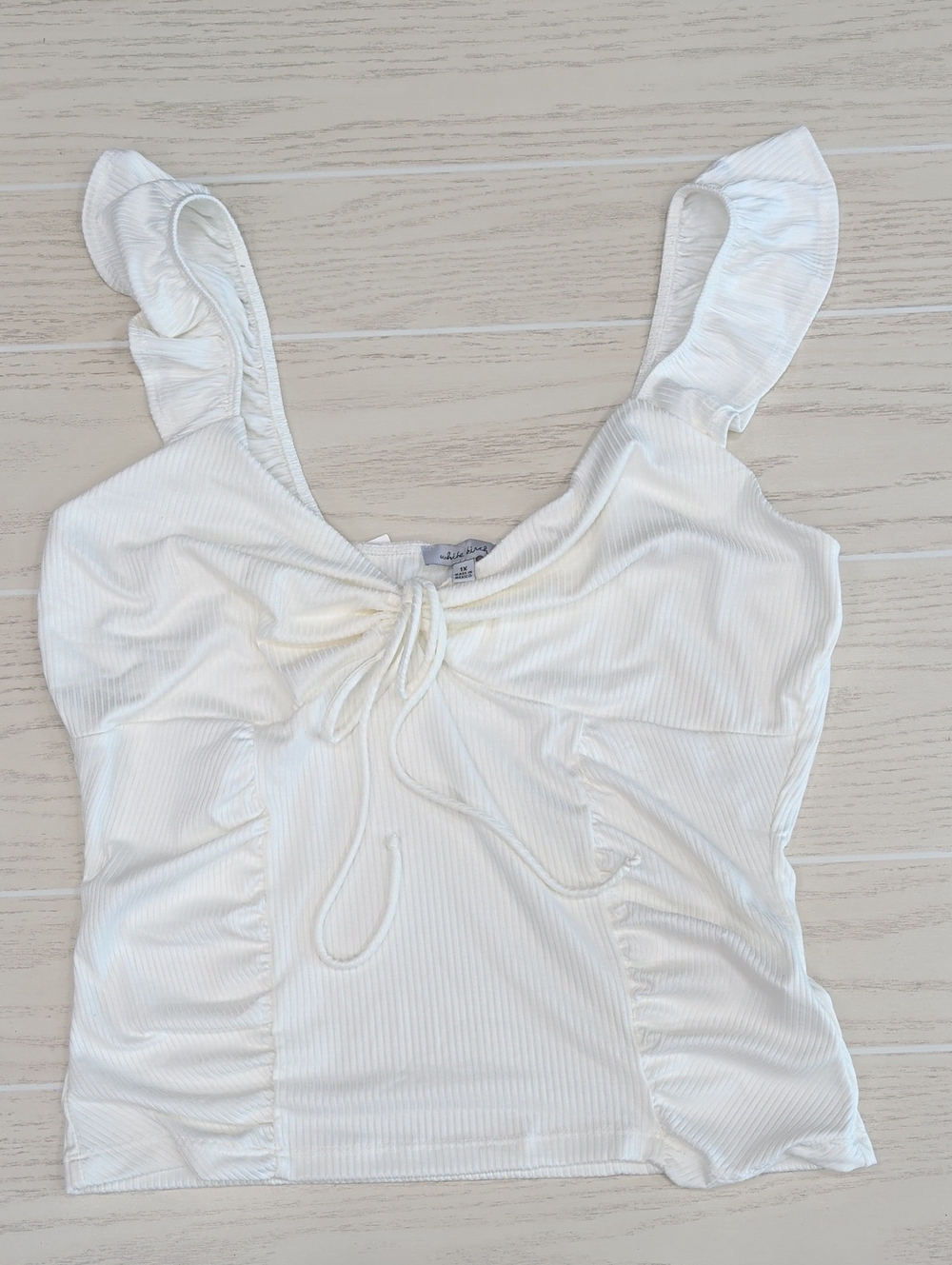 white birch NWT Plus Size White Ribbed Tie-Front Ruffle Strap Tank